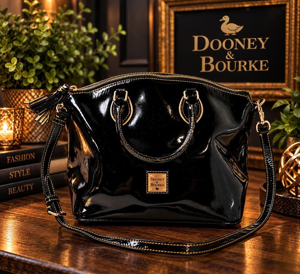 Dooney & Bourke Black Patent Leather Satchel Handbag Detachable Strap Registered